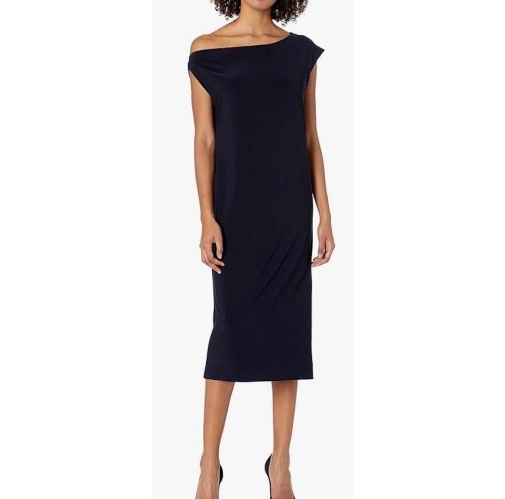 Norma Kamali Off Shoulder Navy Midi Dress Stretch Jersey Size Medium